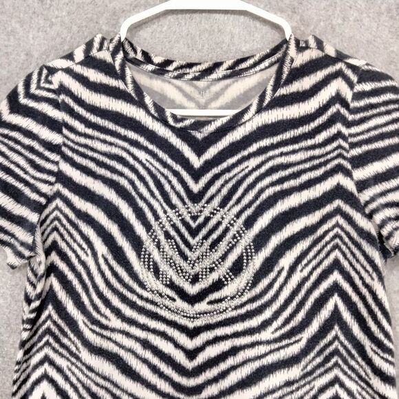 Michael Michael Kors Top Blouse Women Size Small Short Sleeve Zebra Logo Striped - Picture 2 of 11